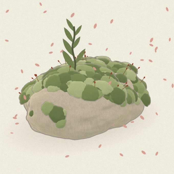 The moss stone from Moss: a small stone covered in moss, a sprig growing from it
